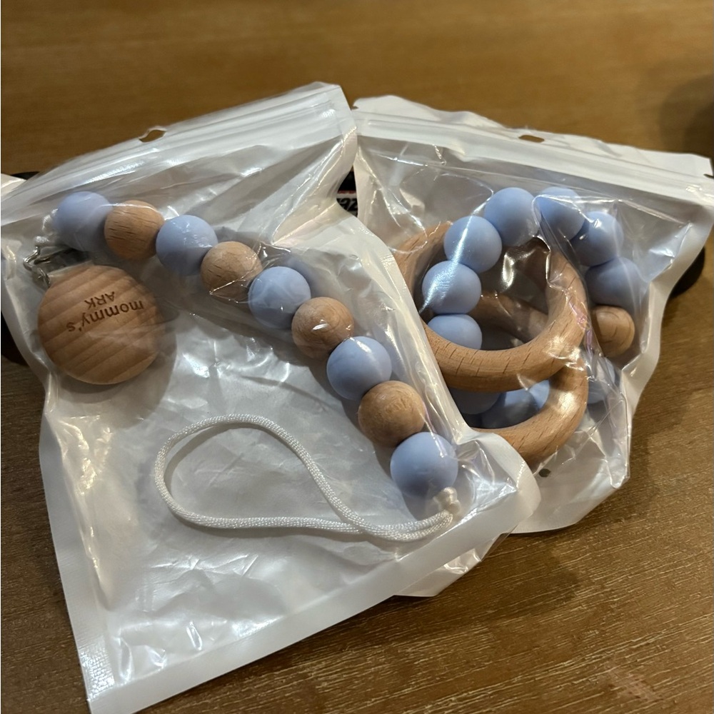 Wooden Teething Toy Set with Soft Blue Beads